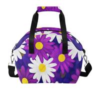Colorful Daisy White Purple Women Lunch Bag Quilted Tote, Water Resistant Insulated, Removable Strap and Easy Clean Lining