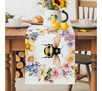 Colorful Daisy Wreath Bees Table Runner 16x72 Inches Long Spring Flowers Garland Cotton Linen Table Runner Burlap Style for Dinner Table Party Decor Tabletop Decorations