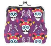 Colorful Day Dead Skulls Purple Leather Coin Pouch for Women Cute Buckle Kiss Lock Card Change Holder for Coins