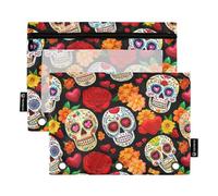 Colorful Day Dead Sugar Skulls Pencil Pouch 3 Ring Binder Pen Pencil Bags with Zipper Pink Clear Binders Pen Case School Women 9.8" x 7.1", 2 Packs