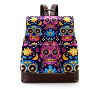 Colorful Day of the Dead Skull Cute Pattern Women Laptop Backpack, PU Leather Daypack Fashion Rucksack Travel Shoulder Bag