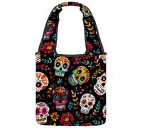 Colorful Day of the Dead Skulls Doodle Pattern Canvas Tote Bag for Women, Reusable Grocery Shopping Cloth Bag with Wide Handle