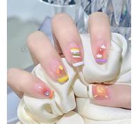 Colorful Decorative False Nails with Cartoon Patterns and Pink Gradient - Extra Short Oval Shape 3D Glossy Press on Nails for Women, Full Cover French Tip Fake, Suitable for Daily Use and Parties