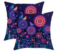 Colorful Decorative Pillow Covers Set of 2, Vibrant Birds and Flowers Design, Spring Home Accents for Sofa Couch Bed, Bohemian Outdoor Cushion Cases 24x24 Inch