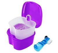 Colorful Denture Bath Case with Brush, Denture Cup Soaking Holder False Teeth Container Mouth Guard Storage Case Cleaning with Lid Waterproof - Purple