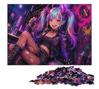 Colorful Devil Girl with Pigtails Adult Jigsaw Puzzle, Wooden, 500 Pieces | Fresh-start puzzle gift with tabletop activity for adults on weekends.