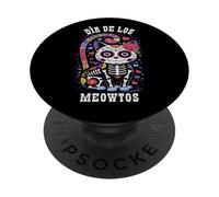 Colorful DIA DE LOS MEOWTOS Cat Muertos Gata Feline Skeleton PopSockets Adhesive PopGrip