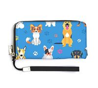 Colorful Different Dog Breeds Dog Paws On Blue Long Clutch Wallet, Long Handbag with Removable Wristlet Strap, PU Leather Zip Purse, Credit Pass Case Card-Holder for Men Women