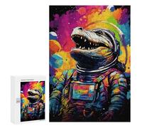 Colorful Dinosaur Astronaut Art Print -2 Wooden Art Puzzle, 300 PCS - Weekend Puzzle Project; for Couples, Friends And Family