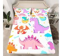 Colorful Dinosaur Kids Fitted Sheets King Size,Cartoon Animals Bedding Sets 3Pcs for Boys Teens Men Bedroom Decor,Flying Dragon Bed Sheet Cute Colorful Deep Pocket Sheet,2 Pillowcases