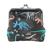 Colorful Dinosaur Skeletons Seamless Grunge Pattern on Black Women Leather Mini Buckle Coin Purse, Clasp Kiss Lock Closure Card Key Change Wallet for Women Girls Men Girl