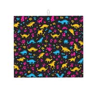Colorful Dinosaurs Dish Drying Mat Absorbent Draining Board Pad for Kitchen Counter Dino Paw Print Coffee Mat Dishes Drainer Protector with Hanging Loop 16 x 18 Inch