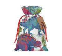 Colorful Dinosaurs Printed Christmas Drawstring Bags,S Reusable Xmas Gift Storage Bags, Red Christmas Ribbon