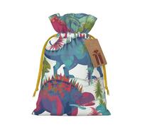 Colorful Dinosaurs Printed Christmas Drawstring Bags,S Reusable Xmas Gift Storage Bags, Yellow Ribbon