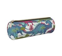 Colorful Dinosaurs Printed Cylindrical Leather Pencil Case for Girls Boys, Gold Zipper Pencil Bag Pen Pouch Organizer for Student School Office College