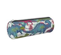 Colorful Dinosaurs Printed Cylindrical Leather Pencil Case for Girls Boys, Silver Zipper Pencil Bag Pen Pouch Organizer for Student School Office College