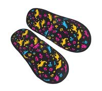 Colorful Dinosaurs Slippers for Women Men Dino Paw Print Non-Slip House Slippers Indoor Comfy Fuzzy Footwear Memory Foam Bedroom Travel Shoes L