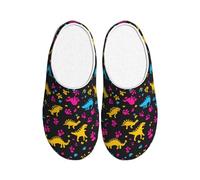 Colorful Dinosaurs Women's Slippers Flannel House Slippers for Men Dino Paw Print Non-Slip Warm Winter Shoes for Indoor Outdoor UK 8-9