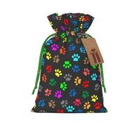 Colorful Dog Paw Print Black print Christmas bag, drawstring sack, with kraft paper label, lightweight and fashionable