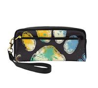 Colorful Dog Paw Print Black Printed Leather Makeup Bags with Wrist Strap Portable Travel Toiletry Bag Cosmetic Organizer Bag for Women