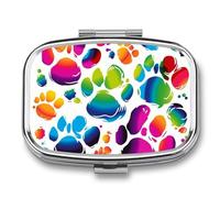 Colorful Dog Paw Print Pill Box - 2 Compartment Travel Pill Organizer with Small Mirror, Portable Pillcase for Pocket & Purse, Cute Square Medicine Case, Weekly Medicine Container