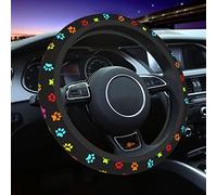 Colorful Dog Paw Print Steering Wheel Cover Universal Cute Animal Pet Foot Prints Seamless Pattern Wheel Protector For Women Ladies Non-Slip Auto Car Accessories Fit For Most Cars SUV Trucks (15 Inch)