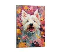 Colorful Dog Wall Art Happy White Puppy Poster with Vibrant Abstract Flowers Watercolor Animal Print for Kids Room Nursery Or Pet Lovers Home Décor Gift Idea Gift 08x12inch Frame