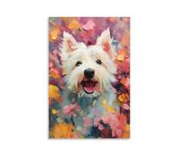 Colorful Dog Wall Art Happy White Puppy Poster with Vibrant Abstract Flowers Watercolor Animal Print for Kids Room Nursery Or Pet Lovers Home Décor Gift Idea Gift 20x30inch Unframe