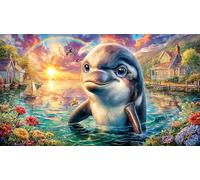 Colorful-dolphin-jumping-with-rainbow-and-bubbles Jigsaw Puzzles 1000Pc Educational Game Challenge Recycled Paper Impossible Hard Difficult for Adults and Kids Age 12 Years + 38x26/1000pcs