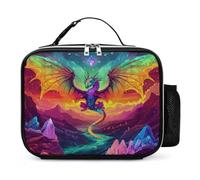 Colorful Dragon Diamond Leather Lunch Bag Insulated Lunchbox Meal Tote Handbags with Detachable Buckled Handle