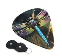 Colorful Dragonfly Painting Guitar Picks 6 Pcs, 0.71mm Thickness Celluloid Plectrum with Leather Picks Holder, Personalized Guitar Pick for Bass Electric Acoustic Guitars Lovers Gift