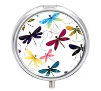 Colorful Dragonfly Pill Box - 3 Compartment Travel Pill Organizer with Small Mirror, Portable Pillcase for Pocket & Purse, Cute Round Medicine Case, Weekly Medicine Container