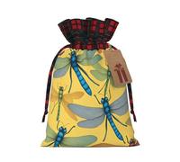 Colorful Dragonfly Print Festive Plaid Gift Bag, Candy Bag, Drawstring Burlap Pouch For Holiday Presents Favor-M