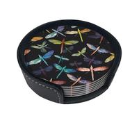 Colorful Dragonfly Print Leather Coasters Set of 6 Heat Coaster for Drinks Round Cup Mat Pad Bar Coasters with Storage Case for Kitchen Home Decor