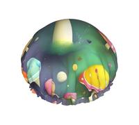 Colorful Dream Mushroom Print Shower Cap - Reusable, Double Layer, Breathable, Adjustable Elastic Strap, Hotel Travel Essentials