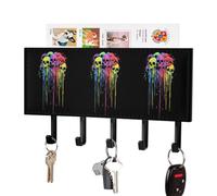Colorful Dripping Skulls Leather Key Holder with 5 Hooks Decorative Wall Mounted Keys Organizer Rack for Hallway Entryway