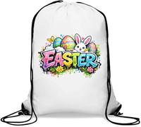 Colorful Easter Bunny and Eggs Gym Sack Casual Drawstring Bag White