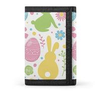 Colorful Easter Day Ethnic Tribal Eggs, Bunnies and Flowers on White Trifold Wallet, Stylish Purse With Keychain, Credit Pass Case Card-Holder for Crash Bills Receipts Women Men 5 x 3.3 x 0.2 Inch