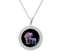 Colorful Elephant Art Round Pendant Necklace Diamond Edging Brilliant Personalized Jewelry Gifts for Women Silver-style
