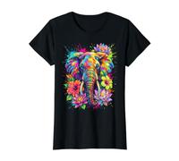 Colorful Elephant Head Vibrant Splash Art Floral Value Graphic T-Shirt, Women, Black, XL