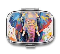 Colorful Elephant Painting Pill Box - 2 Compartment Travel Pill Organizer with Small Mirror, Portable Pillcase for Pocket & Purse, Cute Square Medicine Case, Weekly Medicine Container