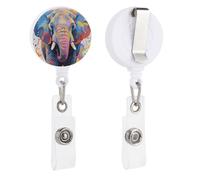 Colorful Elephant Painting Retractable Badge Reel - Personalized ID Name Badge Holder with Lanyard Cute Badges Reel Holder Round Nurse Doctor Name Tag Badges Clip for Work