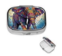Colorful Elephant Pill Box 2 Compartment Square Portable Pill Case for Pocket or Purse Pill Holder Weekly Pill Organizer Decorative Metal Medicine Vitamin Organizer Travel Gift