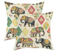 Colorful Elephant Throw Pillow Covers Set of 2, Vibrant Bohemian Decorative Cushion Cases, Indian Style Sofa Bed Decor for Home Living Room 18x18 Inch