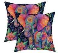 Colorful Elephant Throw Pillow Covers Set of 2, Vibrant Patterned Home Decor Cushion Cases, Funky Decorative Pillows for Couch Sofa Bedroom 14x14 Inch