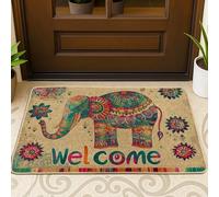 Colorful Elephant Welcome Doormat, Vibrant Floral Indoor & Outdoor Entry Mat, Bohemian Decor, Rubber Non-Slip Dust-Absorbent Doormats, Easy Clean 29x17 Inch
