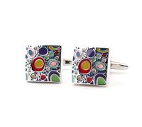 Colorful Enamel Cufflinks with Clear Rhinestone Accents, Square Silver-Tone Design with Vibrant Geometric Patterns, Formal Business Wedding Dress Shirt Cuff Links for Groomsmen