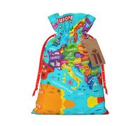 Colorful Europe Map With Icon Print Holiday Burlap Gift Bag With Drawstring, Small Party Favor Pouches For Christmas Gifting-S Size