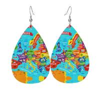 Colorful Europe Map With Icon Teardrop Leather Earrings Ladies Print Pendant With Hook Fashion Vintage Party Daily Wear