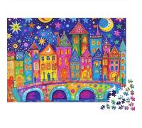 Colorful Fantasy Town 1000pc Jigsaw Puzzle for Adults Fantasy Town Stars Moon Bridge Premium Thick Sturdy Vibrant Challenging Stress Relief Family Game 52x38cm/1000pcs